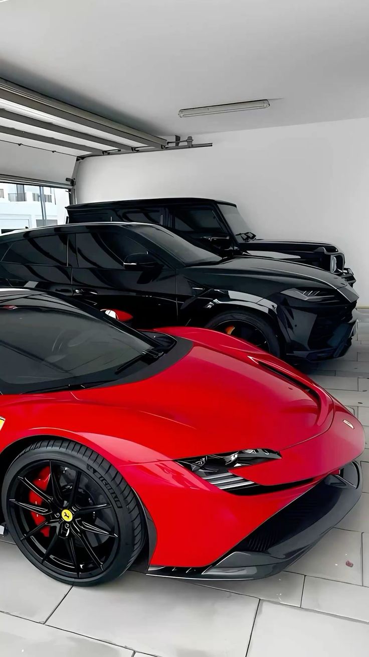 Red Ferrari and black SUVs in a private garage, AI swap example